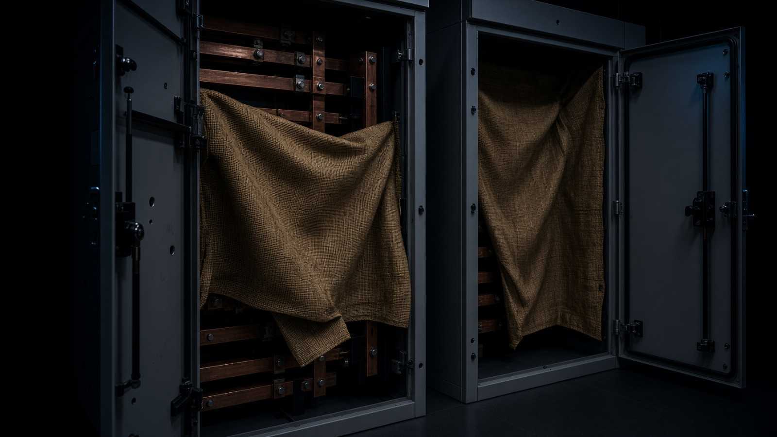 Open switchgear cabinets with a Hybrid Shield dielectric face draped over live copper buswork — design-target visualization